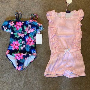 Floral off shoulder, one piece bathing suit, pink and white striped romper